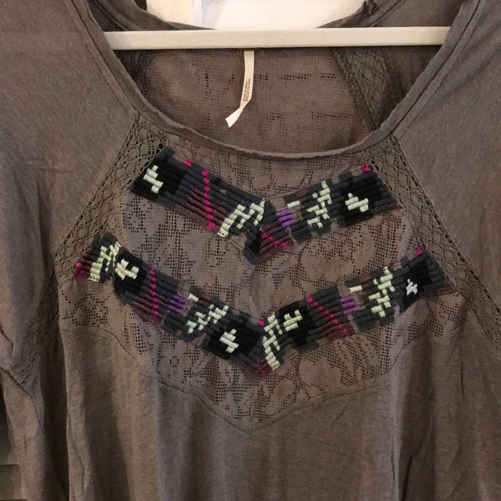 Free People Grey Embroidered and Lace Tunic Top